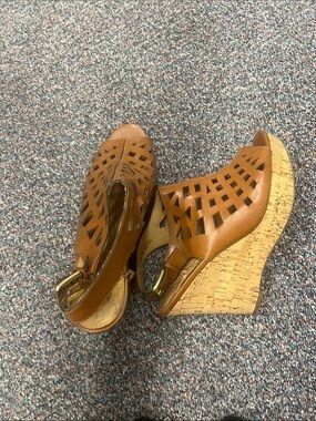 Franco Sarto Tan Cutout Wedge Sandals with Cork Platform